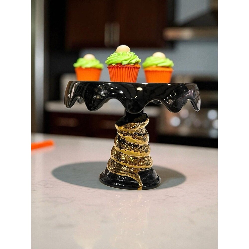 Haunted Manor Ceramic Stand Coiled Gold Serpent Base, Gothic Display Halloween